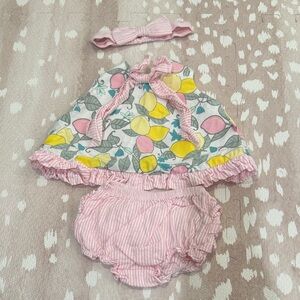 RuffleButts Lemonade Swing Top & Pink Seersucker Bloomers Set + Headband | 0–3M